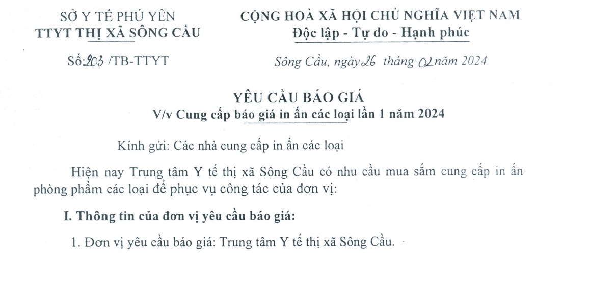 Yêu cầu báo giá in ấn các loại lần 1 năm 2024